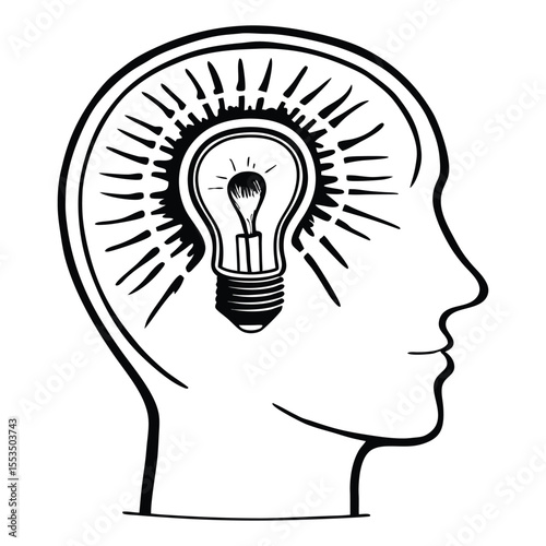 Minimalist line art of a human head with a light bulb inside, symbolizing creativity, innovation, and bright ideas. Clean, modern, and conceptually powerful.
