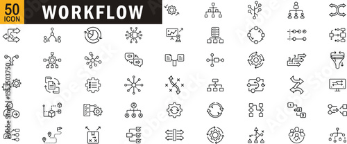 Workflow editable outline icon set. Process flow, automation, hierarchy, chart, connection, task and planning.
