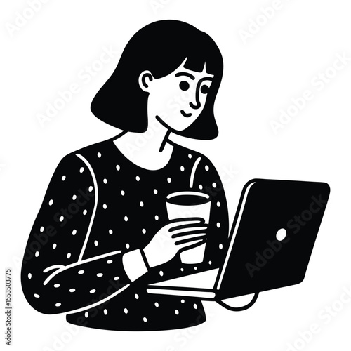 Minimal line drawing of a girl sitting with a laptop, sipping coffee. Simple, modern style capturing calm focus and cozy vibes—perfect for remote work or study scenes.