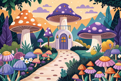 fairytale garden with whimsical mushrooms, winding tiny pathways, and magical forest vibes vector ideal for fantasy themes, storybooks, and children’s designs