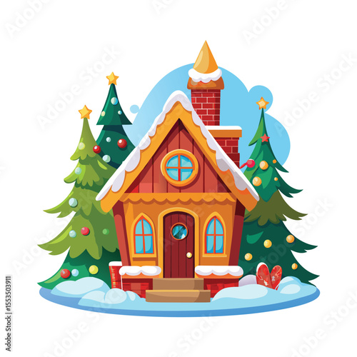 A charming gingerbread house with a festive Christmas tree in a snowy winter village scene