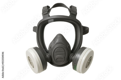 Full face respirator mask with filters providing safety and protection against hazardous materials, isolated on transparent background