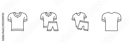 Sportswear And Casual Clothing Line Icon Set. Athletic Apparel, T-Shirts, And Shorts Outline Symbol Collection. Fitness And Leisure Wear. Editable Stroke. Isolated Vector Illustration