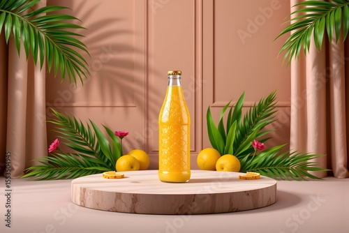 Tropical Juice: A bottle of fresh, golden juice rests on a wooden podium, adorned with tropical leaves, exuding an aura of freshness and vitality against a backdrop of sun-kissed hues.