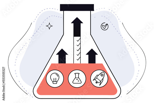 A flask evolving through business phases Seed  Growth Scale Exit  bubbling with icons at each level