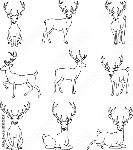Nine Elegant Line Art Deer Designs: Minimalist Animal Illustrations for Print & Web
