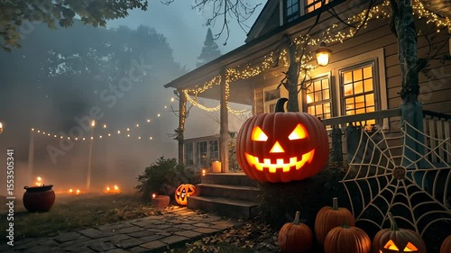 Enchanting Dark Halloween Scene Traditional House Casts Warm Glow Amidst Misty Air, Adorned With Glowing String Lights And Ancient Tree