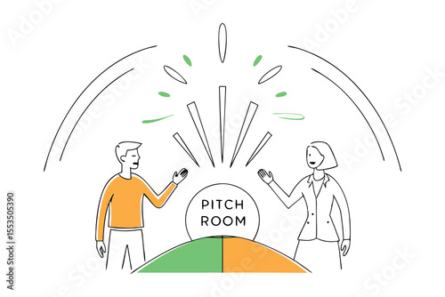 A high-energy pitch room where characters in business attire are energized like charged particles creating synergy