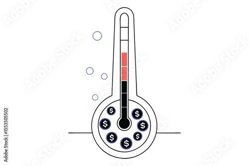 A thermometer-style reaction chamber measuring budget efficiency with rising bubbles and dollar molecule clusters