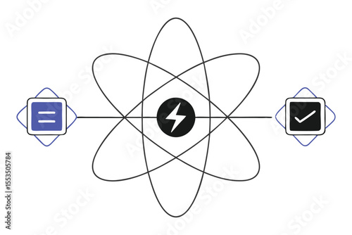 Electrons zipping between options in a stylized atom shaped flowchart of business decisions