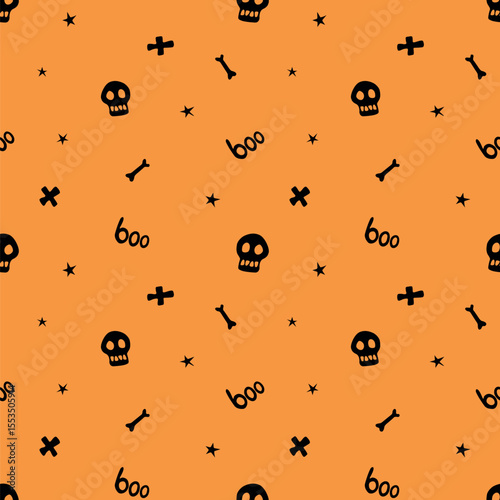 Halloween seamless pattern with bones, skulls, other holiday death symbols. Vector illustration, wrapped paper, background and texture in flat doodle style, isolated.