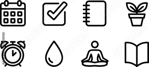 Productivity and Lifestyle Icons Including Calendar, Checklist, and Meditation