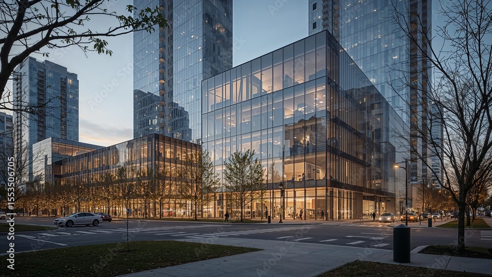 Obraz premium Striking urban street view at dusk showcasing modern glass skyscrapers with illuminated interiors, bare trees, and passing cars, reflecting contemporary architecture and city life in a metropolitan ar