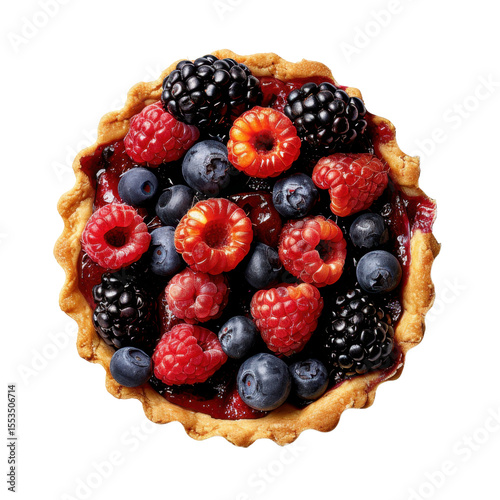 Delicious berry tart with flaky crust, topped with fresh raspberries, blueberries, and blackberries, creating vibrant and tempting dessert