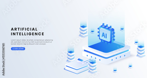 Artificial intelligence chip isometric vector illustration. Microchip Artificial intelligence technology, computer electronics and AI systems landing page template.