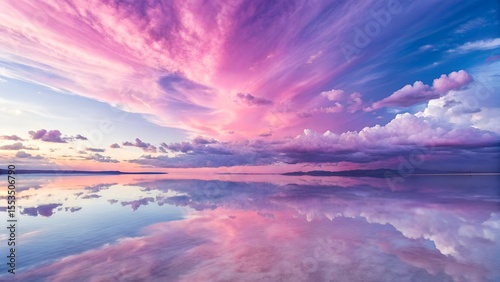 Calm water reflects a vibrant pink and blue sky, creating a peaceful and colorful landscape at sunset.