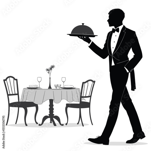 Waiter carrying silver platter while walking to elegant dining table  