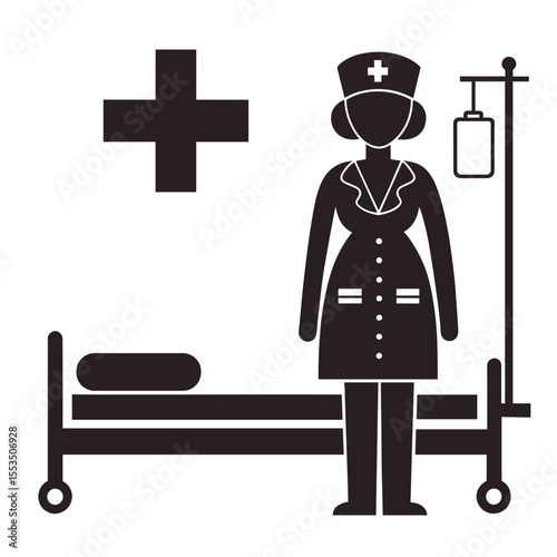 Nurse standing beside hospital bed with IV stand and medical cross  