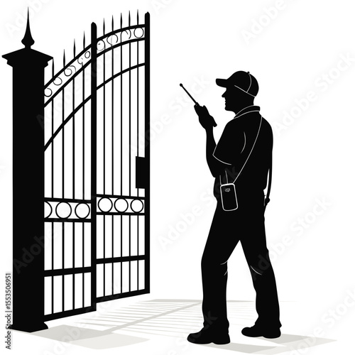 Security guard standing by wrought iron gate with radio walkie-talkie  
