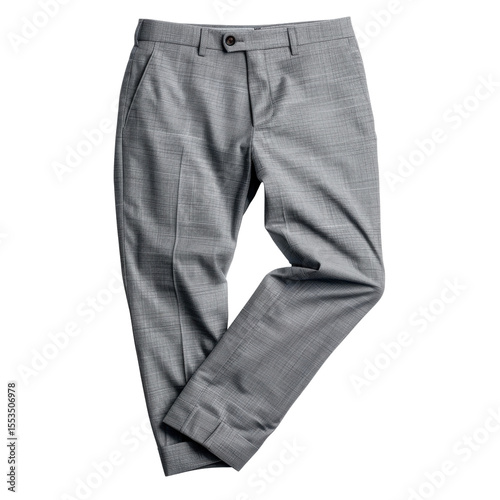 Tailored gray dress pants with subtle check pattern, perfect for formal occasions or business attire, offering stylish and sophisticated look