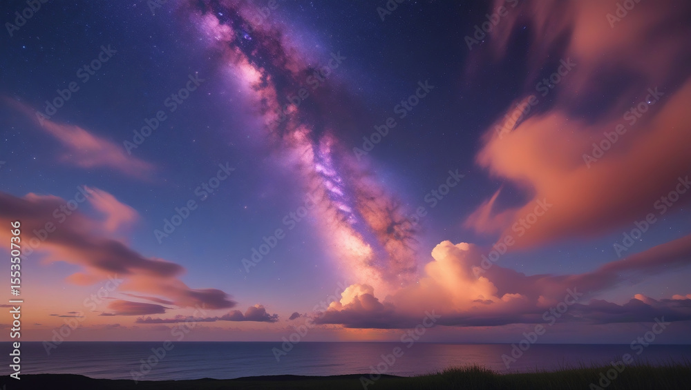 Fototapeta premium Night seascape with glowing nebula for peaceful atmosphere projects. Great for relaxation themes, inspirational graphics, and beautiful photography.