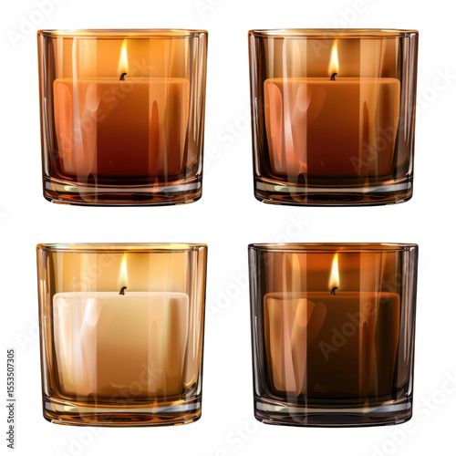 Elegant candle set in glass holders, featuring warm amber tones and flickering flames, perfect for creating cozy atmosphere