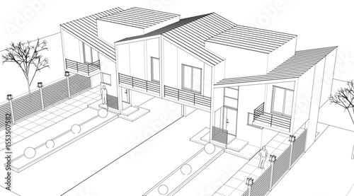 townhouse architectural sketch 3d illustration	
