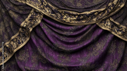 Ornate purple drape with golden trim and textured fabric, full of folds