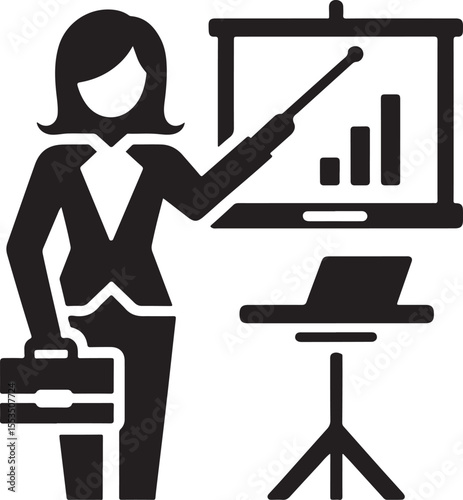 Business professional giving a presentation with graphs and charts to engaged audience members in silhouette