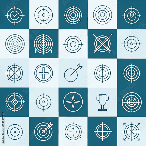 Target & Accuracy Icon Set – 25 Line Icons on Blue and White Grid