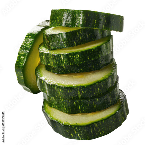 Freshly sliced zucchini stacked in creative arrangement, showcasing its vibrant green color and smooth texture, perfect for healthy dishes