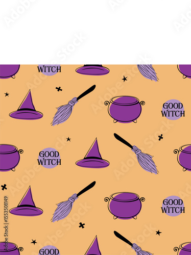 Halloween seamless pattern with good witch symbols - witch hat, broom and cauldron. Power girls theme. Cute holiday kids decor
