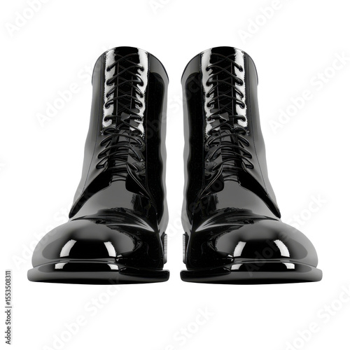 Glossy black combat boots with laces, showcasing polished finish and sturdy design, perfect for fashion or military themes