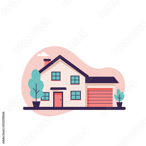 Suburban house illustration in pastel colors