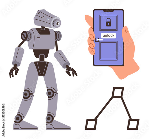 Humanoid robot with camera head beside hand holding smartphone featuring unlock screen and network diagram. Ideal for robotics, AI, security, innovation, technology integration, automation, simple