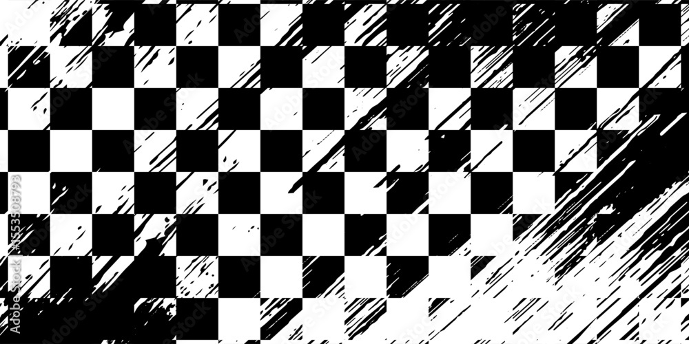 Naklejka premium Race flag grunge background, car rally or motocross finish flag with vector checker pattern. Grunge race flag for car racing sport or bike speedway, motorsport