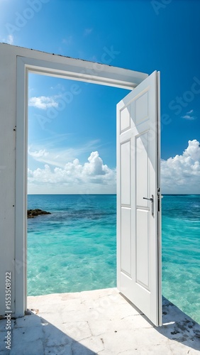 White door opens to bright blue sea and sky on a clear day, inviting viewers to imagine a tropical vacation spot.
