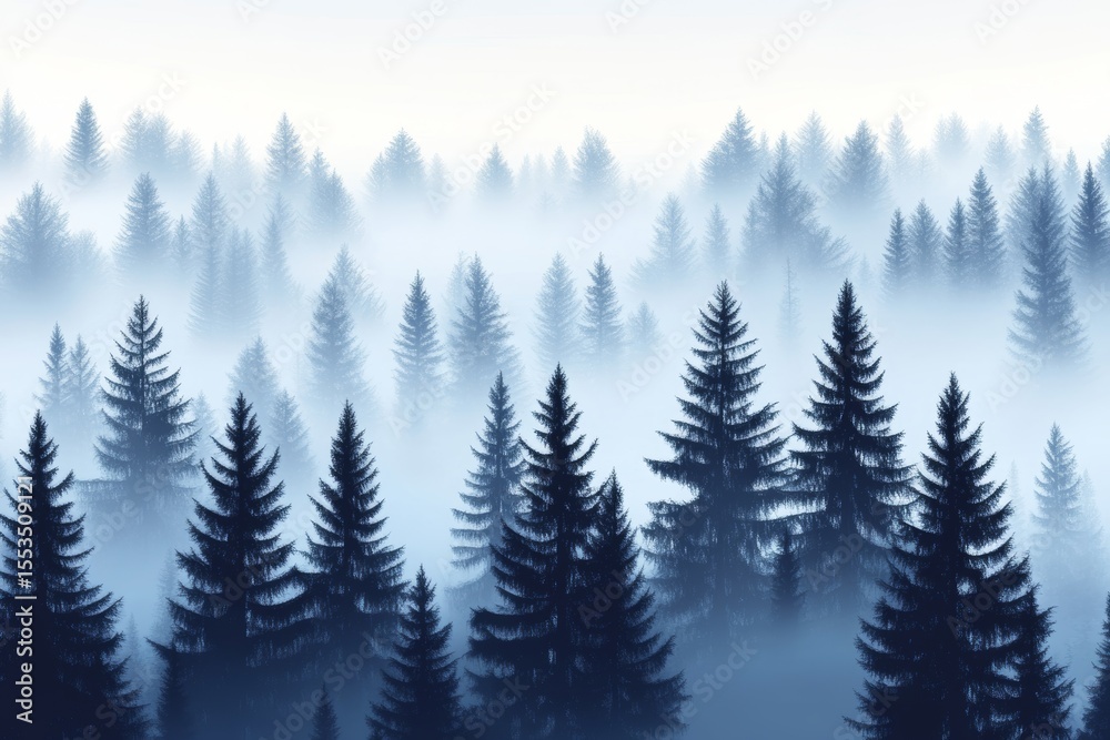 Detailed blue silhouettes of coniferous trees are set against a modern misty forest landscape in this seamless pattern Detailed blue silhouettes of coniferous trees are set against a modern misty forest landscape in this seamless pattern