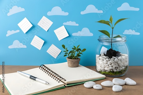 A small plant grows in a jar while a notebook and pen sit nearby on a brown table with a blue sky background.
