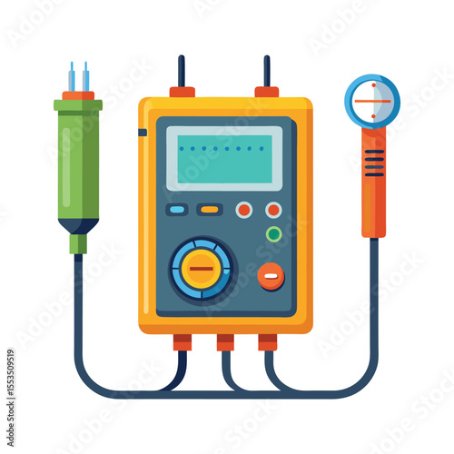 Retro portable radio and digital multimeter are isolated electronic instruments for music and electrical measurement
