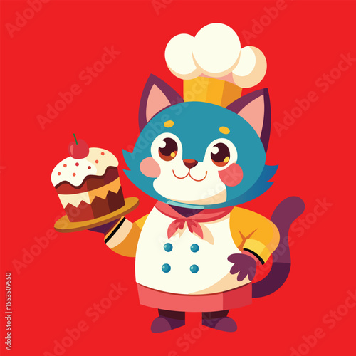 Cute cartoon cow chef Santa with a funny hat smiling happily with Christmas gifts and a holiday tree