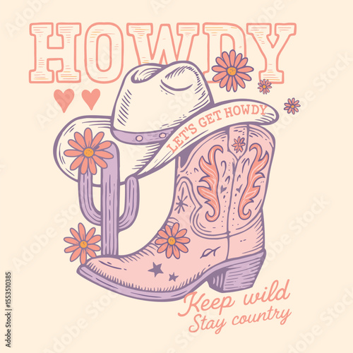 Vintage Cowgirl Graphic Tee Design with Hand-Drawn Boots, Cactus, and Retro Desert Print – Summer Vector Illustration