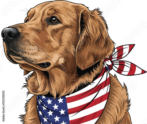 Golden retriever wearing an american flag bandana looking to the left side