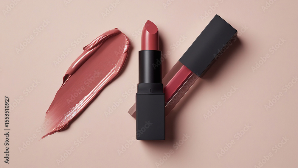 Obraz premium Flat lay of lipstick and glossy brushstroke on minimalist background. Perfect for high-end beauty visuals, makeup ads, or clean product presentations.