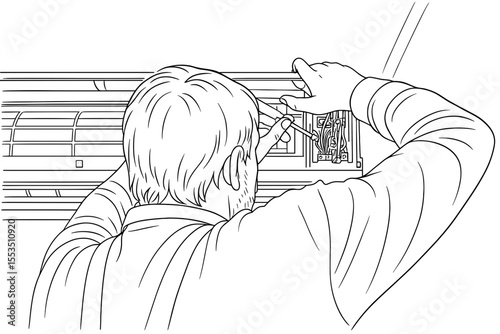 Man repairing air conditioning unit indoors with tools  