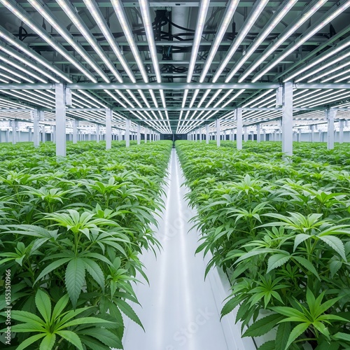 Lush commercial cannabis cultivation facility featuring rows of healthy green plants and bright lighting