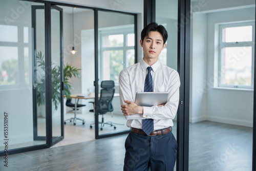 Young professional man in business attire confidently stands in a modern, bright office holding a laptop.