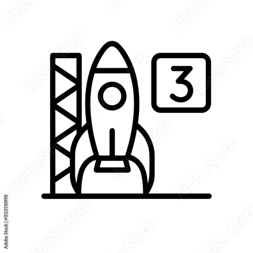 Rocket Launch Pad Icon with Countdown Number Three – Outline