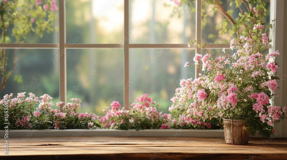 Fototapeta premium Spring Window Scene with Pink Flowers