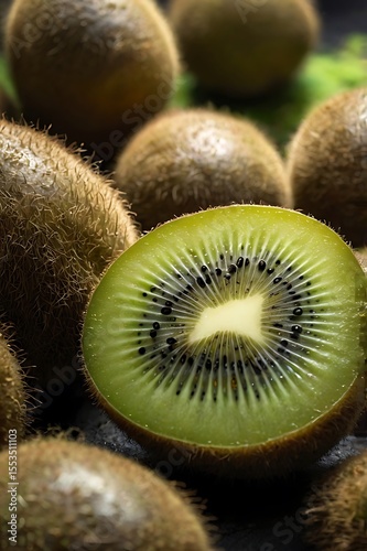 Ultra high resolution 8K image of a single perfectly ripe kiwi fruit with fuzzy brown skin and vibrant green cross-section, positioned clearly in the foreground. The background features a group of hea